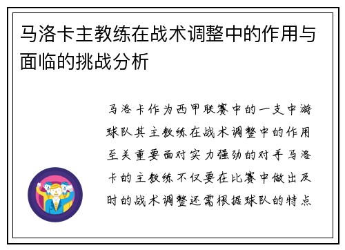 马洛卡主教练在战术调整中的作用与面临的挑战分析